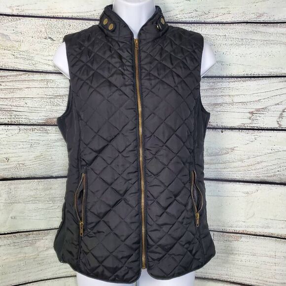 Zenana Outfitters Black Quilted Vest Zip Front Pockets Gold Hardware Size Medium - Picture 1 of 7